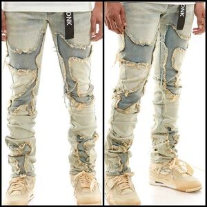 KDNK STACKED VINTAGE BLUE GRUNGE DISTRESSED PATCHWORK STRAIGHT LEG JEAN SIZE 38